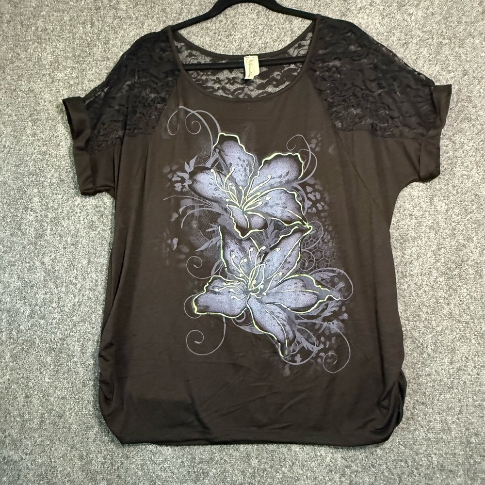 Floral Lace Short Sleeve Top - Black